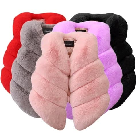 Stack of faux fur vests in pink, grey, red, purple and black